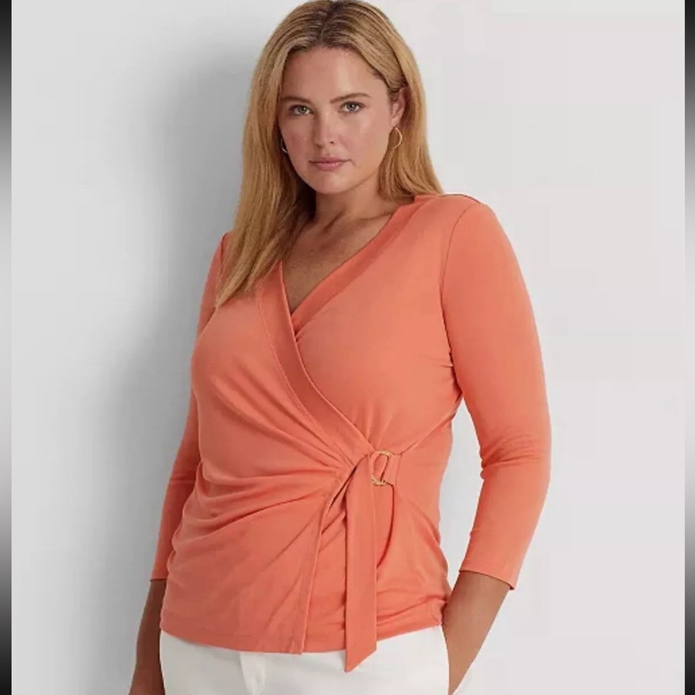 Lauren Ralph Women's Coral Solid  Stretch Jersey Surplice Top Plus Size 1X